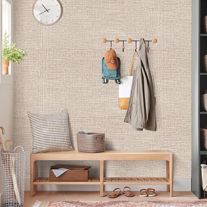Amiya Grasscloth Khaki Wallpaper 17.3"x120" Peel and Stick Tan Faux Fabric - Image 5