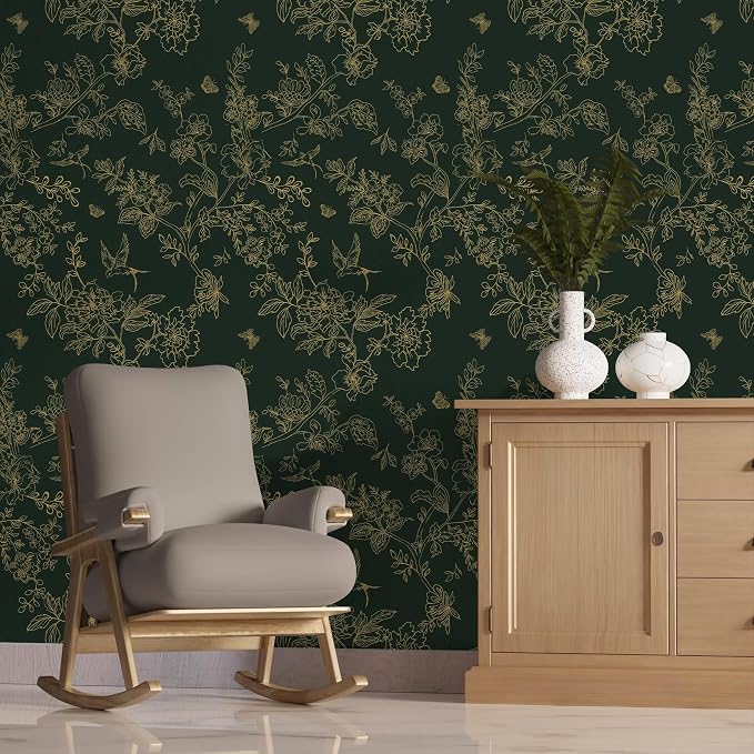 Froluya Dark Green and Gold Wallpaper Floral Peel and Stick Wallpaper - Image 7