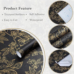 Ismoon Peel and Stick Wallpaper Black and Gold Stick on Wallpaper Dark Floral - Image 9
