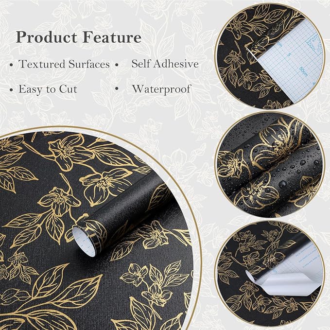 Ismoon Peel and Stick Wallpaper Black and Gold Stick on Wallpaper Dark Floral - Image 9