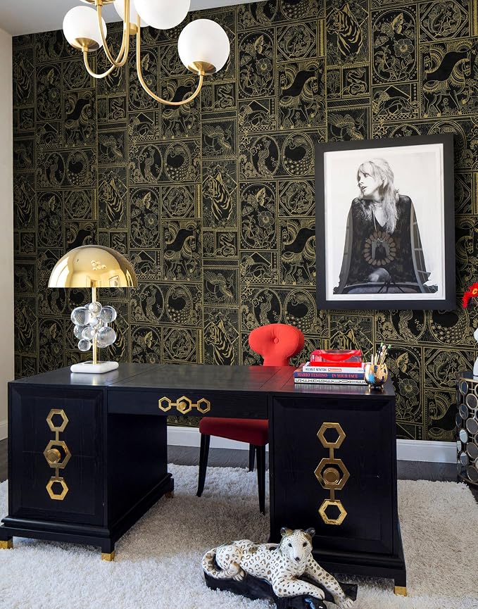 Erfoni 394"x17.7" Vintage Peel and Stick Wallpaper Black and Gold Contact Paper - Image 3