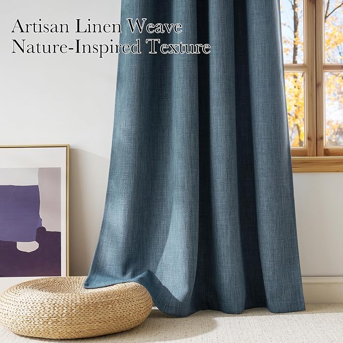 NICETOWN Mist Blue Faux Linen Room Darkening Rod Pocket Curtains 63 inch Length - Image 3