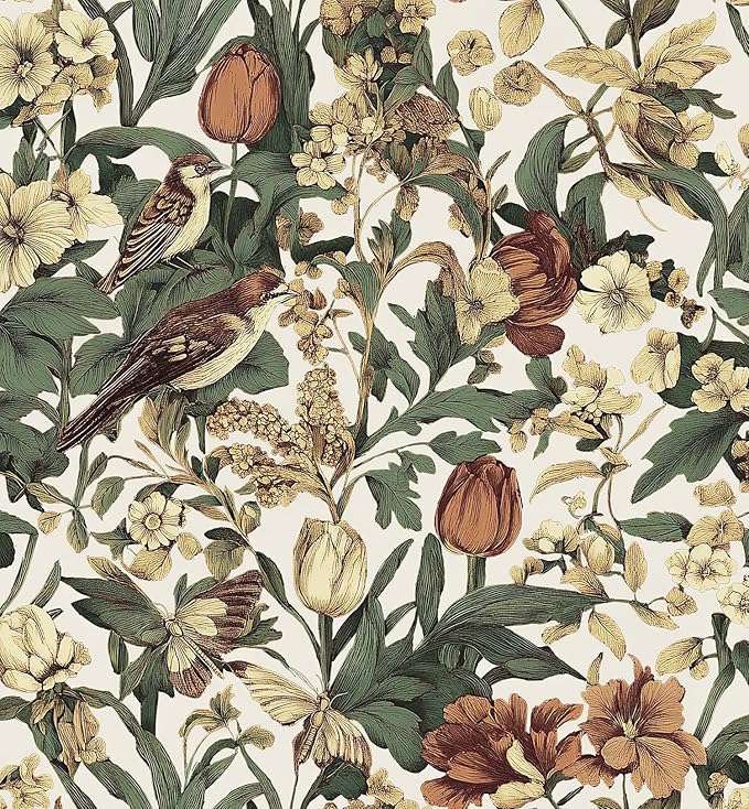Erfoni 17.3" x197" Beige Retro Floral and Bird Contact Paper Vintage Peel and by Erfoni