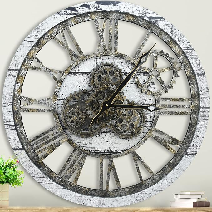 HOIBAI Vintage Industrial Wall Clock, 24 Inch, Rustic Natural Wood, Moving Gears by HOIBAI