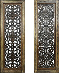 Floral Hand Carved Wooden Wall Panels Set of 2, Rustic Brown Decorative Wall Art by TUPTHEURBANPORT