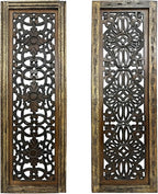 Floral Hand Carved Wooden Wall Panels Set of 2, Rustic Brown Decorative Wall Art by TUPTHEURBANPORT