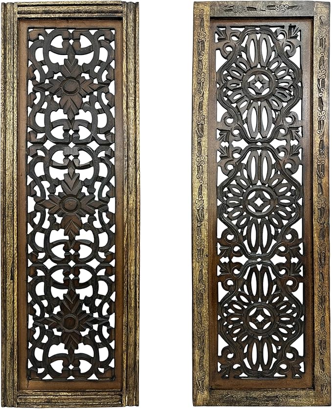 Floral Hand Carved Wooden Wall Panels Set of 2, Rustic Brown Decorative Wall Art by TUPTHEURBANPORT