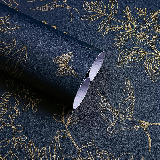 Froluya Dark Blue and Gold Vintage Floral Peel and Stick Wallpaper 17.7"x118.1" by Froluya