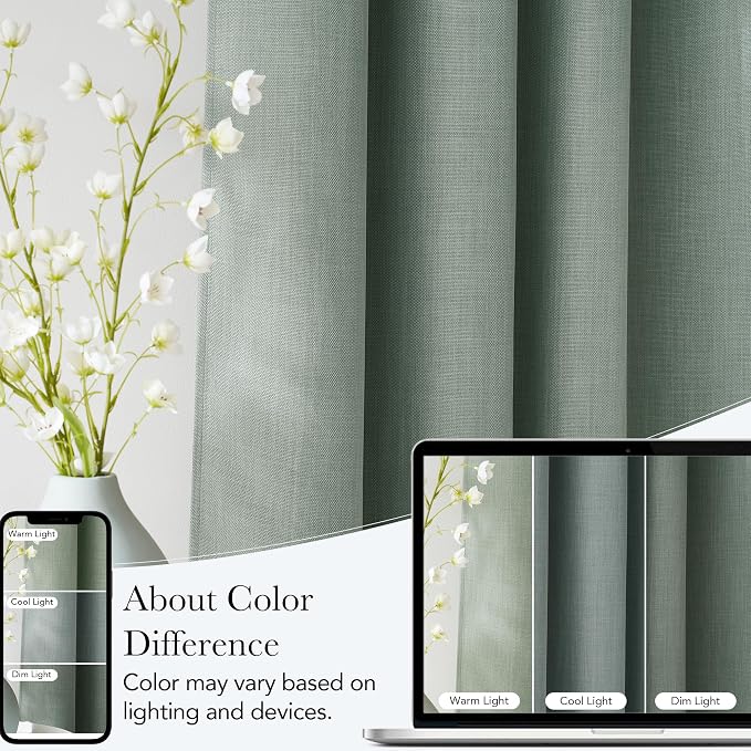 NICETOWN Sage Green Faux Linen Room Darkening Rod Pocket Curtains 63 inch Length - Image 5