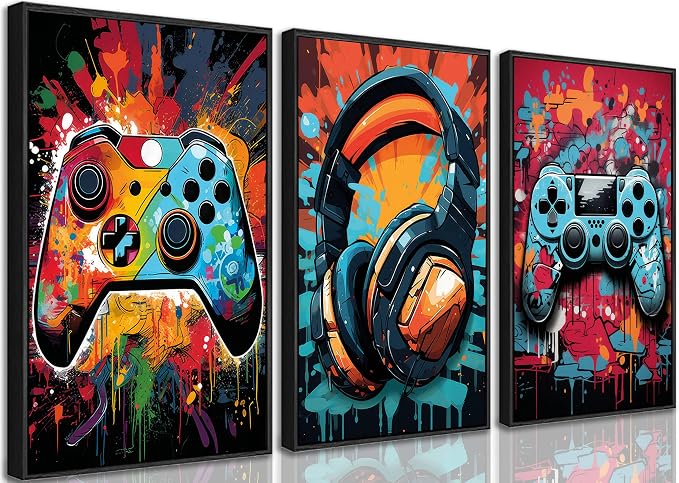 3Pcs Framed Cool Gaming Wall Art Retro Video Gamer watercolor Posters Pictures by PPV