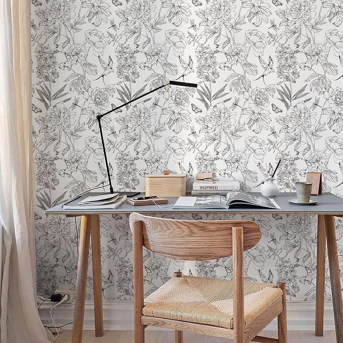 Jiffdiff White and Black Wallpaper Peel and Stick Sketched Peony Floral - Image 8