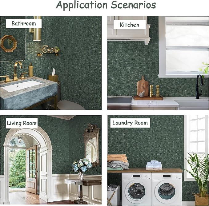 Guvana Grasscloth Peel and Stick Wallpaper Green/Gold Textured Contact Paper - Image 5