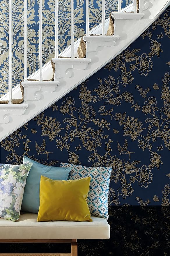 Froluya Dark Blue and Gold Vintage Floral Peel and Stick Wallpaper 17.7"x196.8" - Image 3