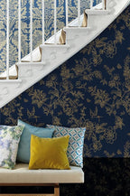 Froluya Dark Blue and Gold Vintage Floral Peel and Stick Wallpaper 17.7"x393.7" - Image 3