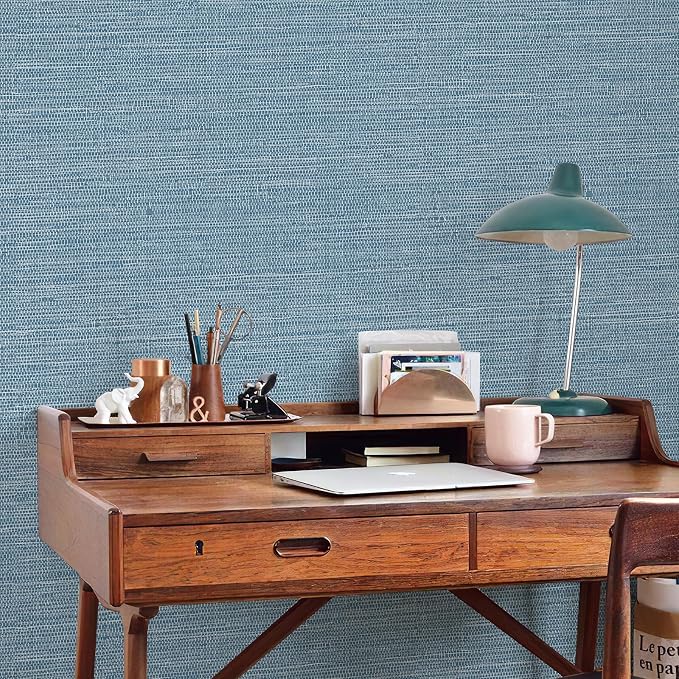 JiffDiff Grasscloth Wallpaper Peel and Stick Blue Grassweave Stick on Wallpaper - Image 5