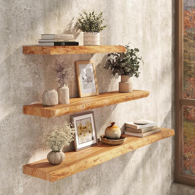 Floating Shelves Set of 2, Solid Elm Wood Wall Shelves 24 Inch - Image 2