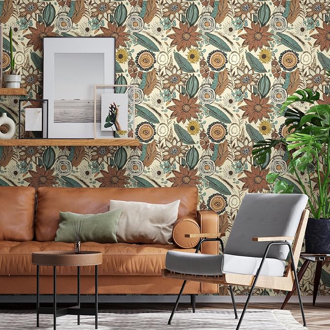 Boho Wallpaper Peel and Stick, Retro Floral Contact Paper 17.5" x 393.7" - Image 3