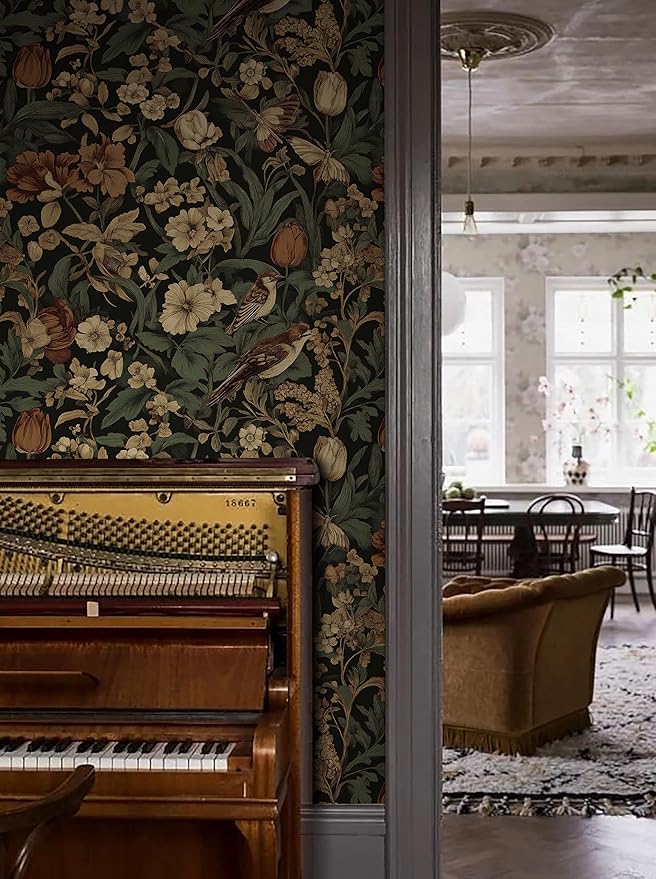 Erfoni 17.3" x118" Vintage Floral Peel and Stick Wallpaper Dark Floral and Bird - Image 5