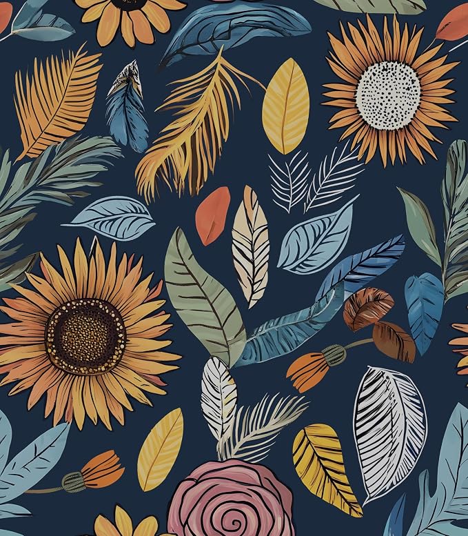 Blue Boho Wallpaper Peel and Stick, Vintage Floral Contact Paper 17.5" x 118" by Laatse