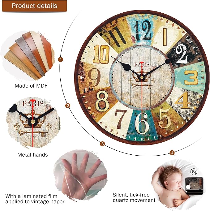 VIKMARI 14 Inch Wooden Wall Clock Battery Operated Retro Rustic Decorative Clock - Image 2