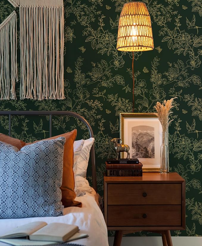 Froluya Dark Green and Gold Wallpaper Floral Peel and Stick Wallpaper - Image 9