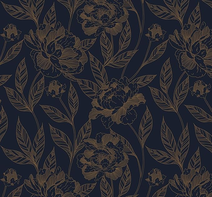 Timeet Peel and Stick Wallpaper Gold and Blue Floral Wall Paper by Timeet