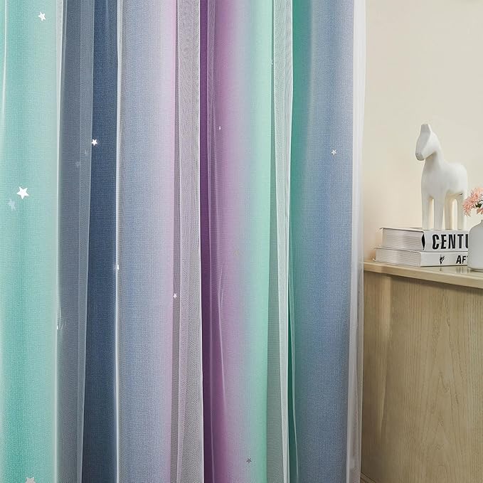 XiDi Curtains for Bedroom Decor, Rainbow Purplgreen grey52/45 - Image 2