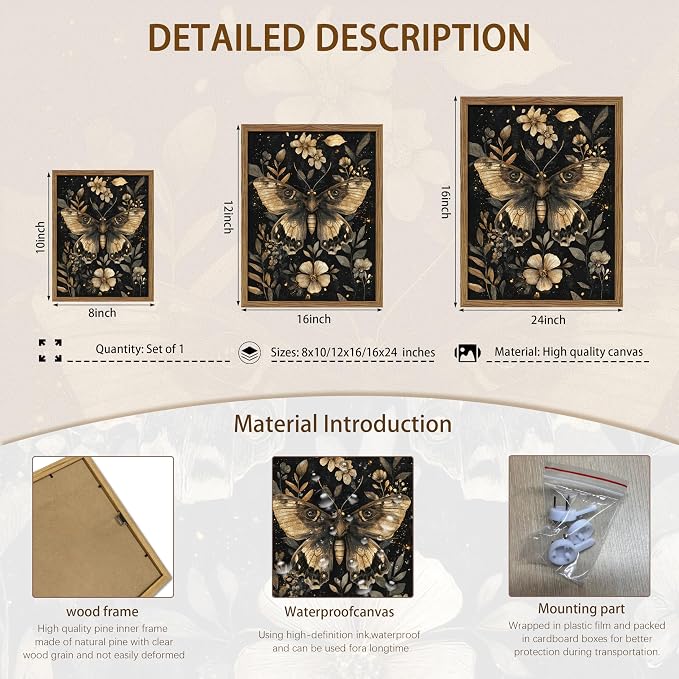 Vintage Moth Canvas Wall Art, Dark Academia Gothic Decor, Insect Botanical - Image 5