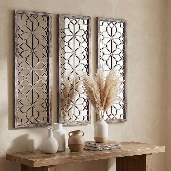 Set of 2 16x41.5 Inch Large Carved Floral Wood Frame Wall Mirrors, Shatterproof by HMANGE