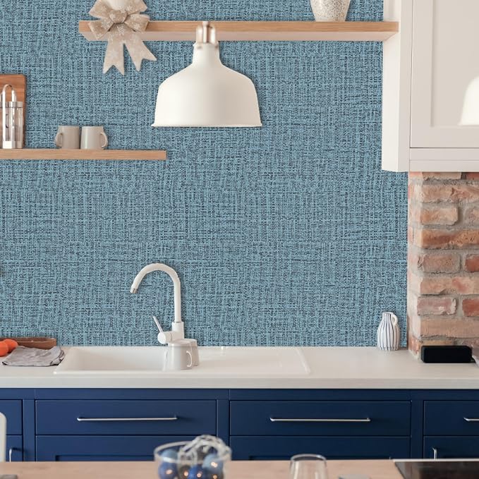 TANONE Blue Contact Paper Peel and Stick 15.8 in X 118 in, Grasscloth Wallpaper - Image 7