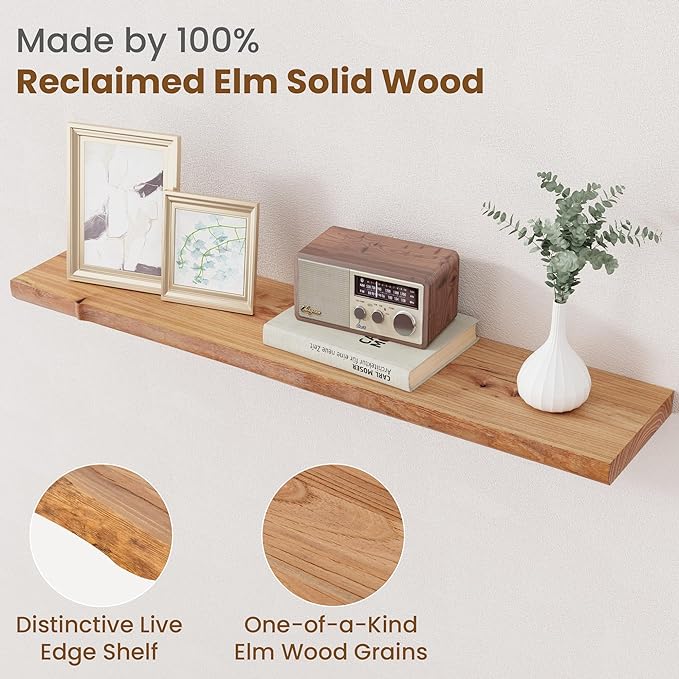 Floating Shelves for Wall Decor, Rustic Solid Elm Wood Live Edge Floating - Image 3