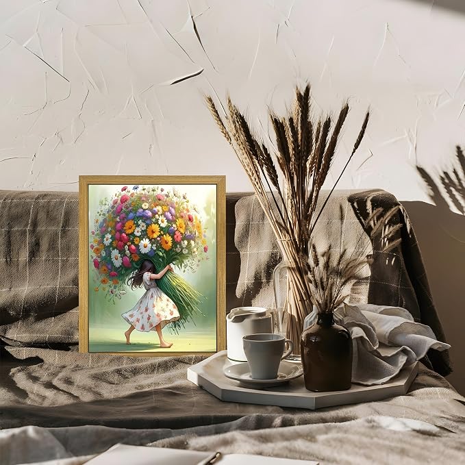 Wood Framed Pink Wildflower Canvas Wall Art, Girl Hugging Flowers Poster Prints - Image 6
