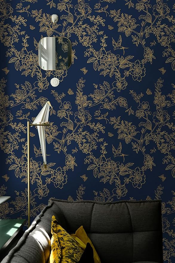 Froluya Dark Blue and Gold Vintage Floral Peel and Stick Wallpaper 17.7"x196.8" - Image 6
