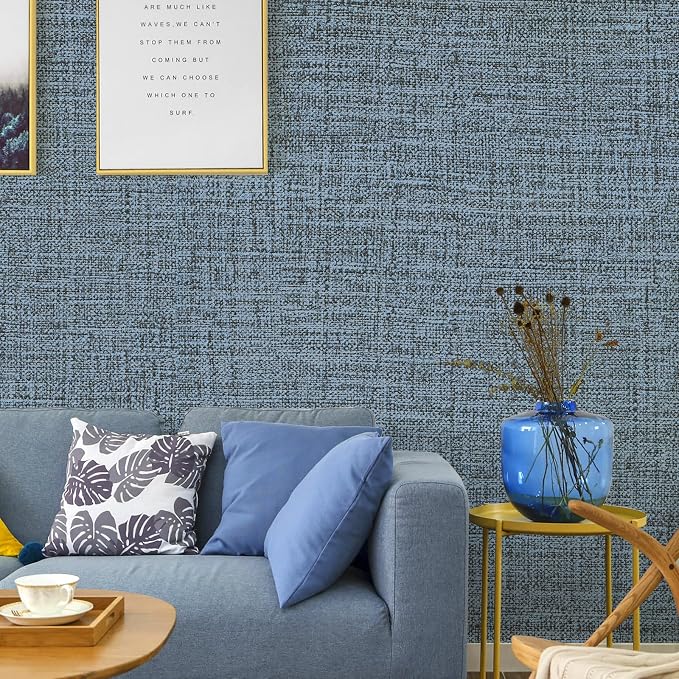 Blue Gray Grasscloth Peel and Stick Wallpaper 17.3"x300" Faux Linen Textured - Image 5