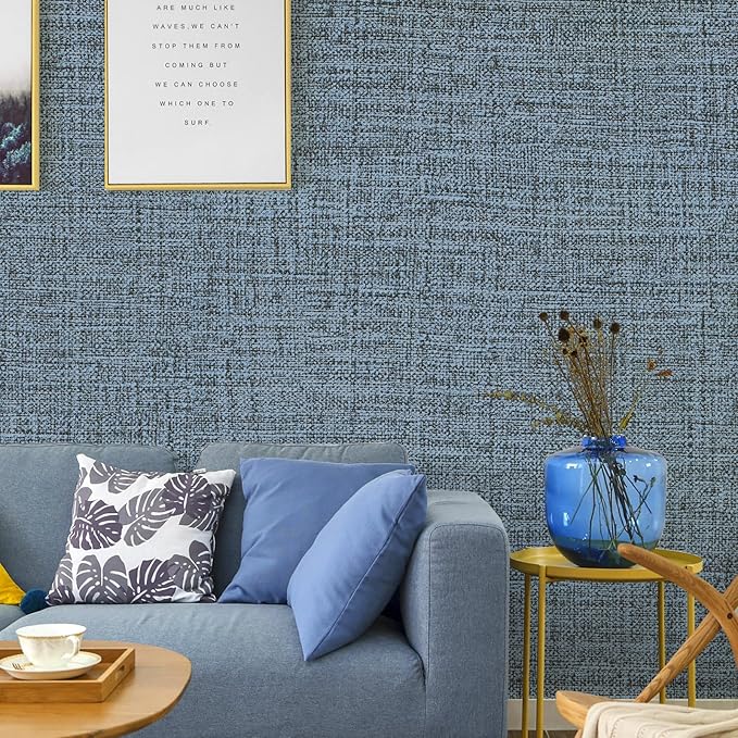 Blue Gray Grasscloth Peel and Stick Wallpaper 17.3"x120" Faux Linen Textured - Image 5