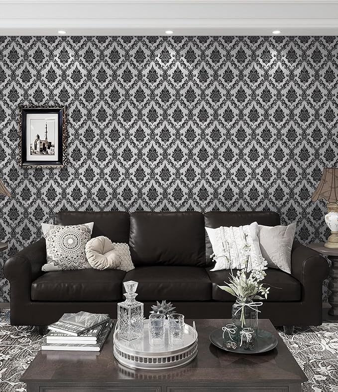 17.7" x 197" Peel and Stick Wallpaper Black Vintage Wallpaper Damask Contact - Image 5