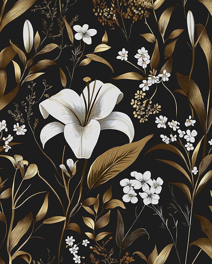 Laatse Black Gold Wallpaper Peel and Stick, Dark White Floral Vintage Contact by Laatse