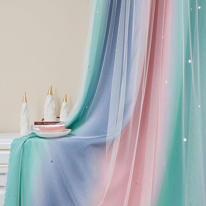 XiDi Curtains for Bedroom Decor, Rainbow Pinkgreen grey52/54 - Image 5