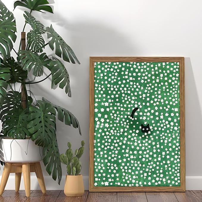 Framed Floral Black Cat Canvas Wall Art, Cute Black Cat in Daisy Field Painting - Image 8
