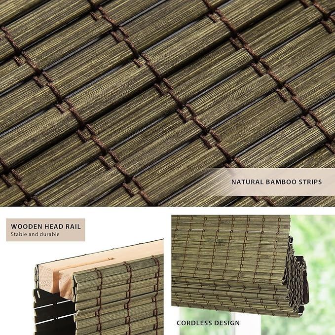 LazBlinds No Tools No Drill Cordless Bamboo Roman Shades, Privacy Window - Image 2