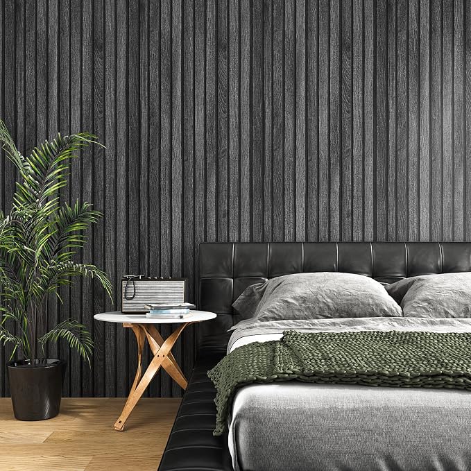 VEELIKE Charcoal Black Wood Slat Peel and Stick Wallpaper 24''x118'' Modern - Image 4