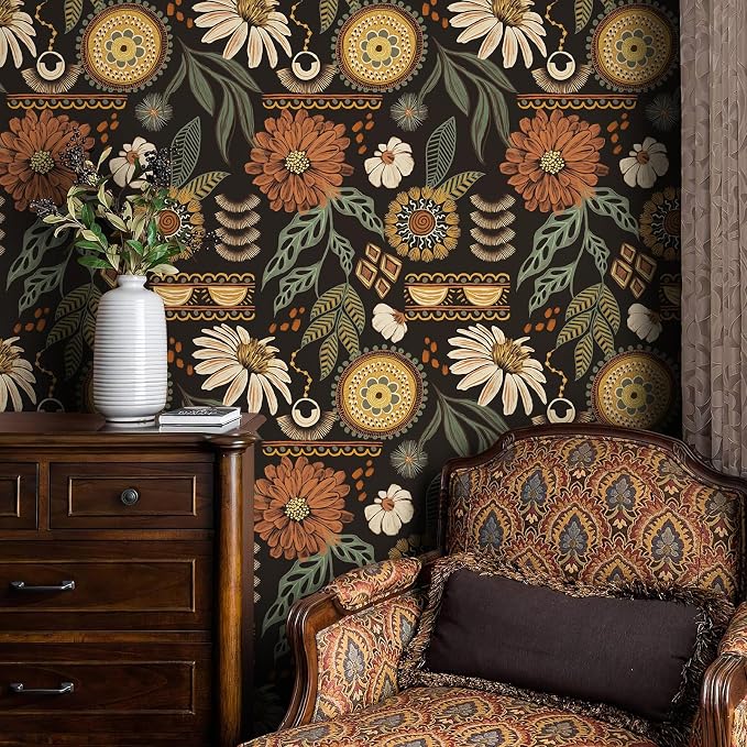 JiffDiff Boho Peel and Stick Wallpaper Vintage Floral Wall Paper Removable Sun by wallpaper