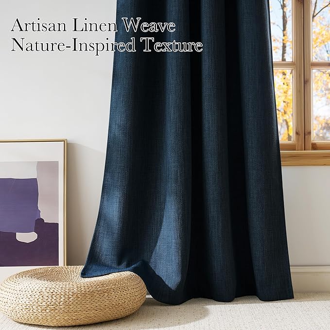 NICETOWN Navy Blue Faux Linen Room Darkening Rod Pocket Curtains 63 inch Length - Image 3
