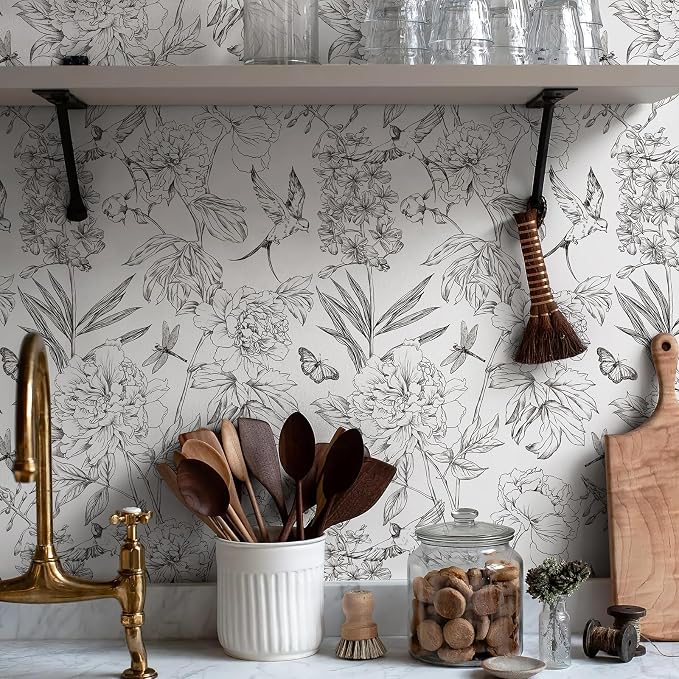 JiffDiff White and Black Wallpaper Peel and Stick Sketched Peony Floral - Image 9