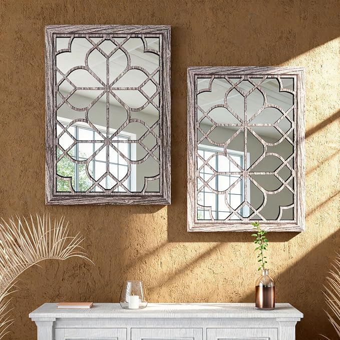 Set of 2 19x26 Inch Large Brown Shatterproof Rectangular Wall Mirrors, Boho - Image 3