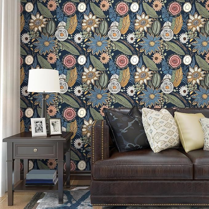 Blue Wallpaper Peel and Stick, Vintage Boho Floral Contact Paper 17.5" x 118" - Image 5