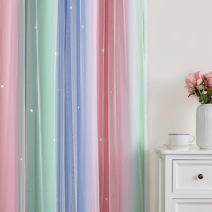 XiDi Curtains for Bedroom Decor, Rainbow Pink GreenBlue52/54/1 - Image 3