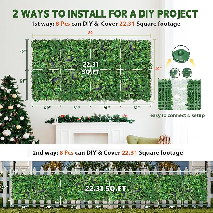 Artificial Boxwood Panel 8 Pieces 20"x20", Faux Ivy Privacy Fence Screen - Image 6