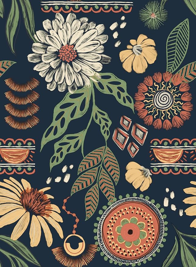 Simon&Siff Boho Peel and Stick Wallpaper, 17.3" x 80" Blue Sun Floral Retro by SimonSiff