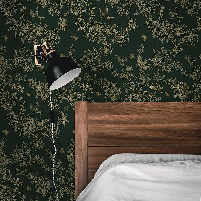 Froluya Dark Green and Gold Wallpaper Floral Peel and Stick Wallpaper - Image 6